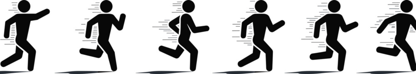 Running stick figure sequence, motion illustration, speed lines, dynamic movement, sports activity, fitness concept, vector silhouette, exercise, action, design