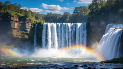 Obraz premium Breathtaking waterfall illuminated by a colorful arc