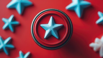Close-Up of an Abstract Scene Against a Bright Red Background Showing a Single Star Emblem with Top-Down Perspective, Enigmatic Character and Password Concept