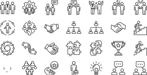 Business teamwork icons, collaboration symbols, leadership and communication, success and strategy, productivity, innovation, growth, unity, support, motivation, management