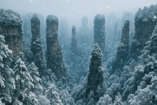 The icy transformation of the Avatar filming location enhances the mysterious beauty of Yuanjiajie in winter