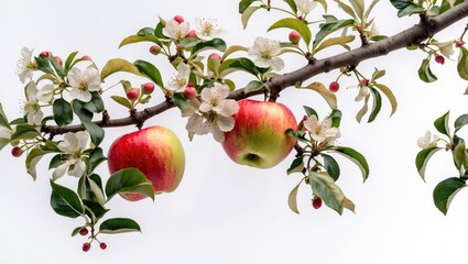 Fresh Apple Tree Branch in Bloom Set Against a White Background