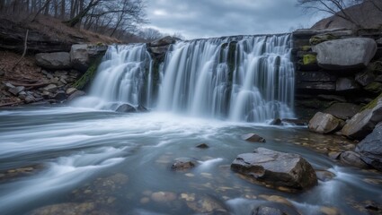 Obraz premium Flowing water captured in long exposure over rocky terrain during overcast weather