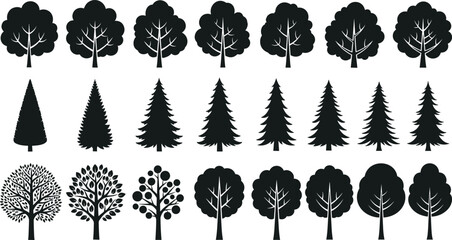 Diverse tree silhouettes, nature illustration, forest design, botanical graphic, evergreen and deciduous trees, vector icons, foliage shapes, landscape elements, environment