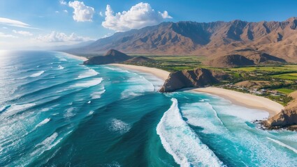 Spectacular aerial shot of a sunlit island coast with turquoise waters
