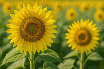 Fototapeta premium Bright sunflower blossoms with a gentle out-of-focus flower field behind them