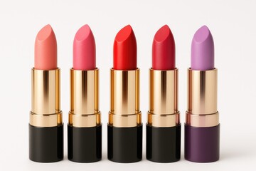 Fototapeta premium Charming array of lip cosmetics in pink and lilac shades displayed on a white surface, makeup concept