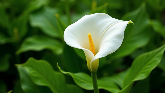 Elegant white calla lily flower, blooming zantedeschia plant, lush green garden foliage