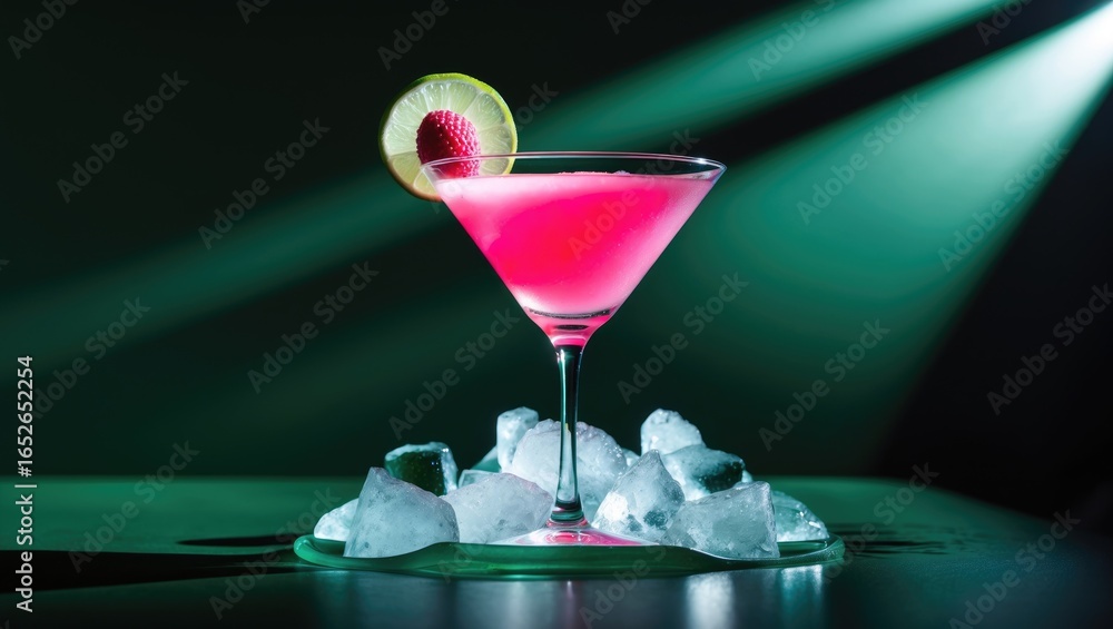 Poster refreshing mixed drink with vodka, gin, lychee, lime, and ice, set on a dark green background with b