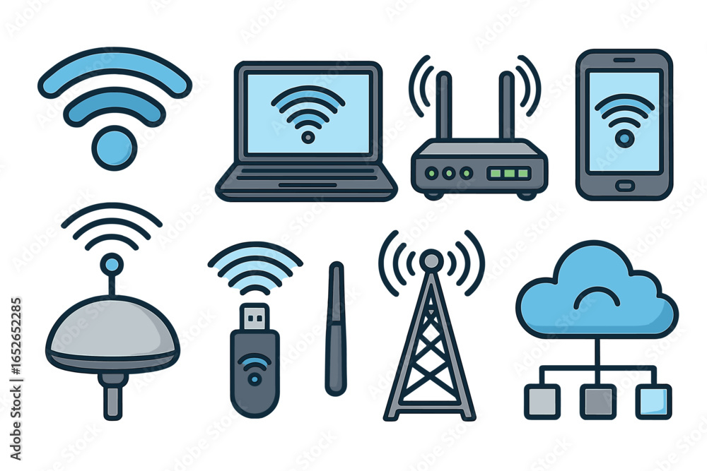Aufkleber set of wireless technology and internet connectivity icons. vector collection of networking symbols 