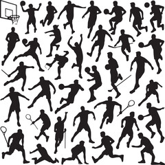 Naklejka premium Sports Silhouette Vector Set – Athletes in ActionFootball, Basketball, and Running Player SilhouettesFitness and Sports Vector Bundle for Logo and Design
