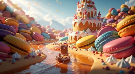 Fantasy Candy Land with Cake Castle and Macaron Mountains