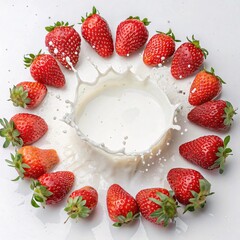 Circle Strawberries with Milk Splash on Transparent Background