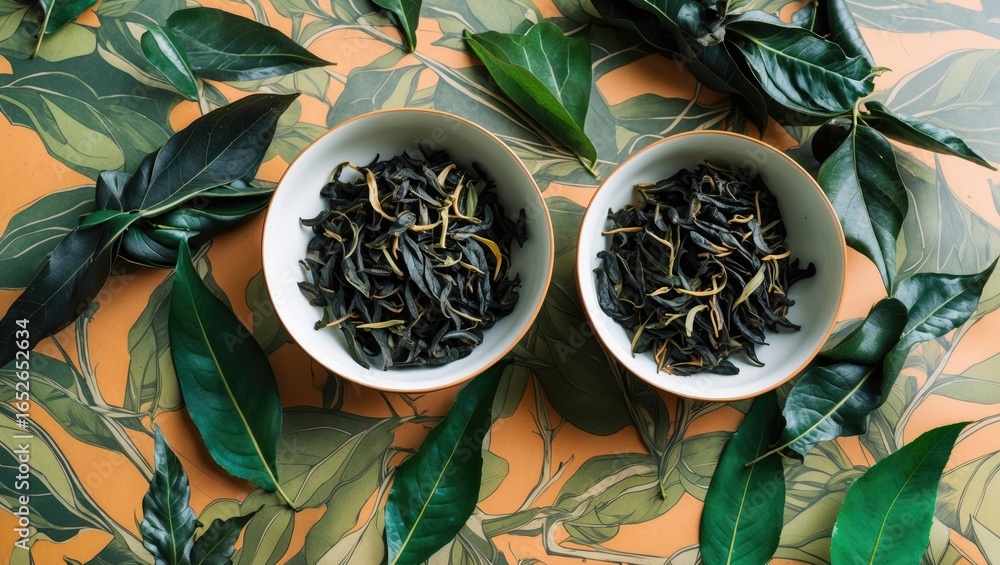 Poster tea leaf containers placed on a table setting