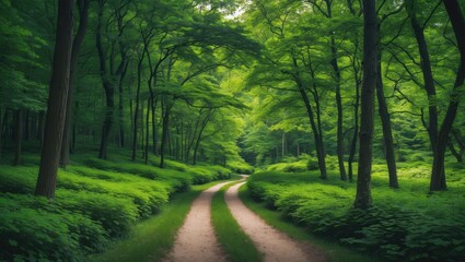Fototapeta premium A peaceful forest walkway weaving through dense greenery, evoking tranquility and relaxation