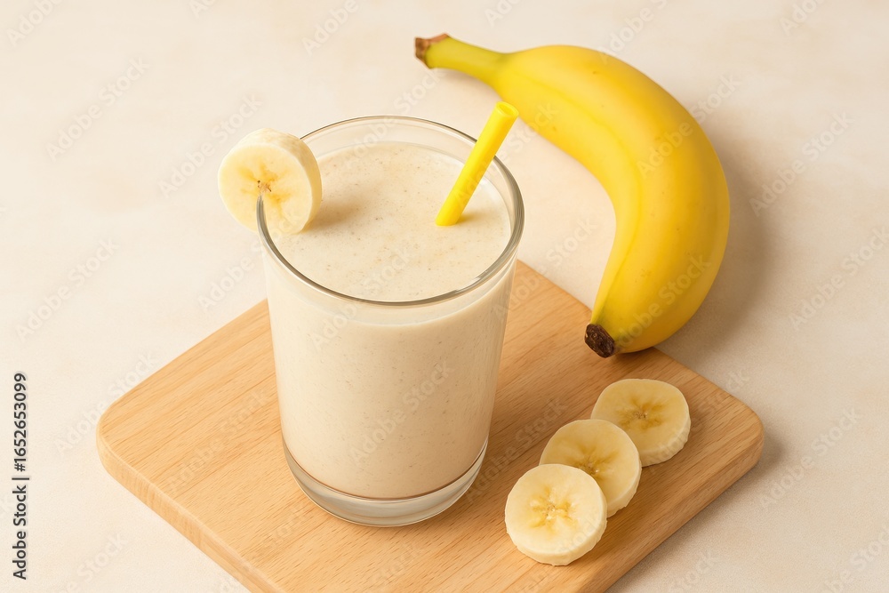Poster top-down view of a banana-based protein shake in a glass