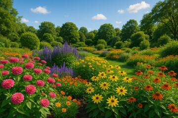 Beautiful garden filled with colorful flowers and a scenic view