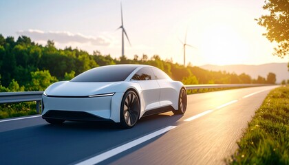 Naklejka premium A modern electric vehicle driving on a scenic road through a green landscape with wind turbines at sunset, symbolizing a sustainable future
