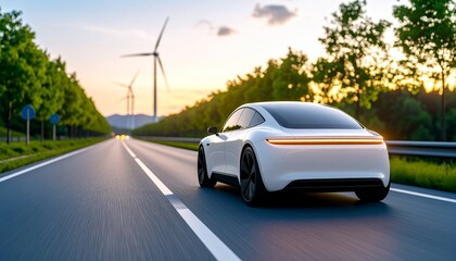 Fototapeta premium Electric Car Driving on Road With Wind Turbines in Background