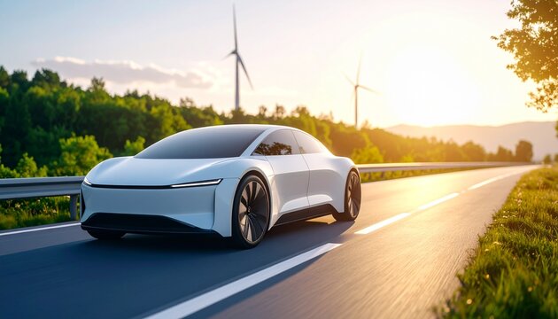 A modern electric vehicle driving on a scenic road through a green landscape with wind turbines at sunset, symbolizing a sustainable future - Powered by Adobe