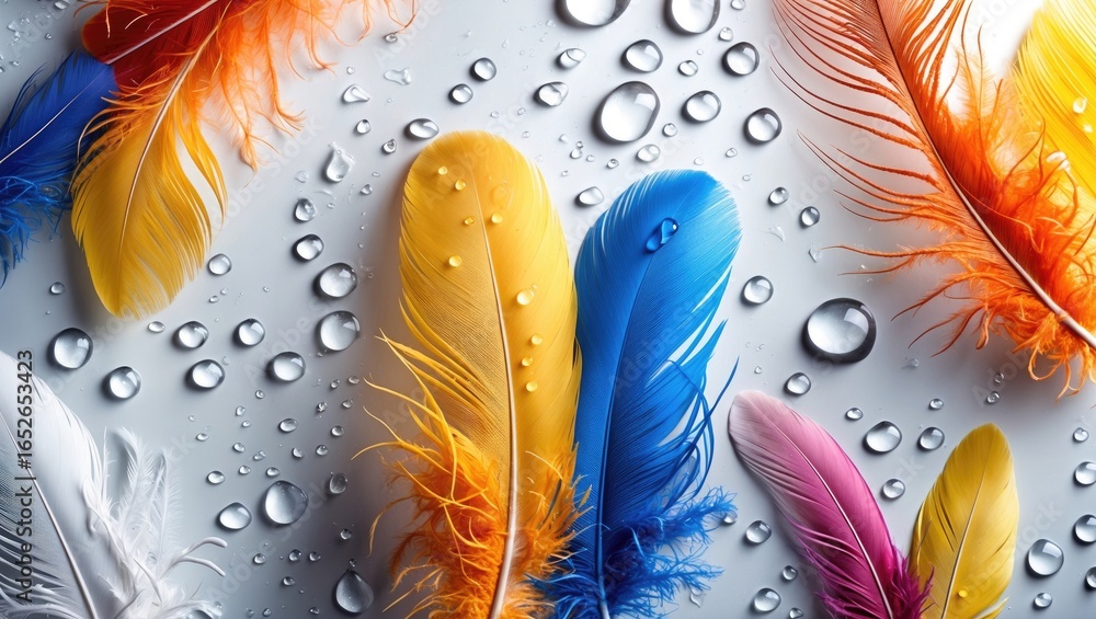 Poster colorful feather composition with water droplets creating an abstract visual