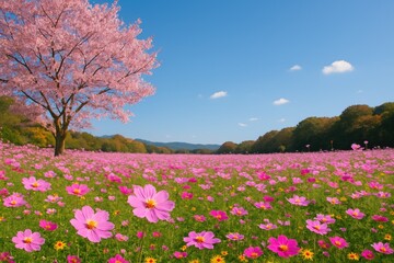 Autumnal Cherry Blossoms Amidst a Blooming Field