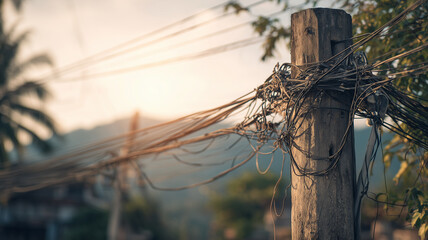 Overhead power lines on weathered utility pole
