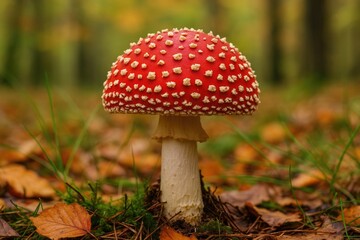 Poisonous mushroom among fall foliage in the woods