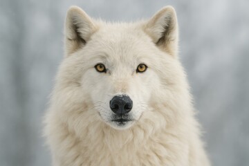 Fototapeta premium Close-up image of a white wolf against a gray background