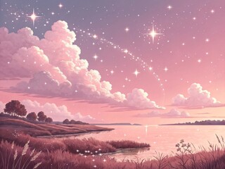 Soft Pink Sky with Fluffy White Clouds and Glittering Sparkles