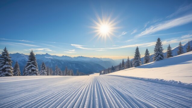 Close-up of pristine groomed ski trails set against a bright blue sky and snow-covered peaks