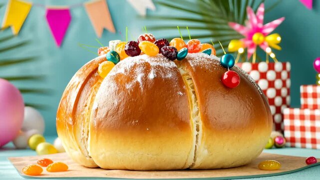 Festive easter bread with colorful candies and vibrant spring decor in a cheerful atmosphere