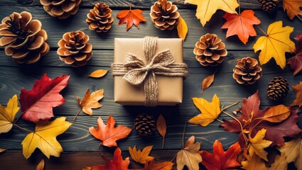 Celebrate Thanksgiving by purchasing a special gift, featuring a shopping cart, gift box, pine cone, and autumn leaf
