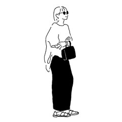 Fashion illustration of a woman in sunglasses holding a bag, wearing a long tight skirt and sandals, standing in casual style, simple line art