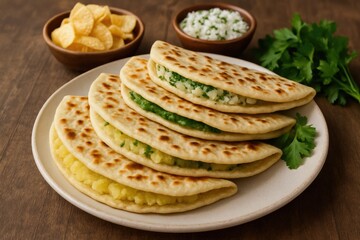 Classic baked flatbread meal with diverse stuffing options