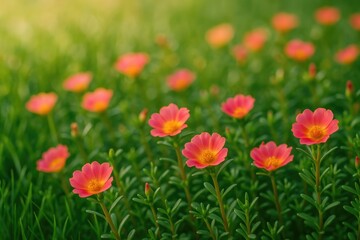 Obraz premium Garden scene featuring Portulaca flowers at dawn