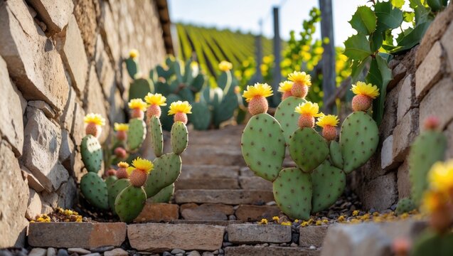 Cactus plants with blossoms growing among grapevines