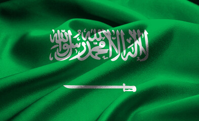Vibrant green fabric displaying Saudi Arabian national symbolism