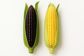 Colorful corn varieties: purple and yellow on a plain white surface