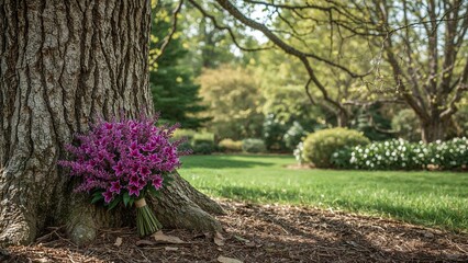 Naklejka premium Vibrant purple blossoms decorating a tree in an outdoor garden with area for a note