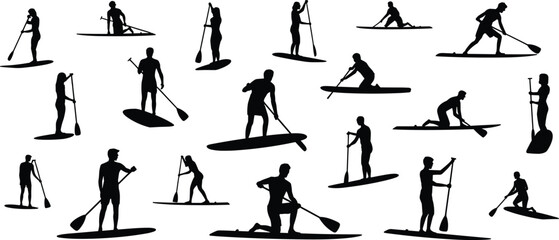 Stand up paddle boarding silhouettes, water sport activity, people paddling on surfboard, outdoor adventure fitness lifestyle design, ocean recreation illustration, flat vector illustration