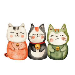 Fototapeta premium Three Watercolor Cat Figurines with Bells Smiling and Content