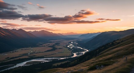 Majestic Mountain Valley Sunset with Winding River