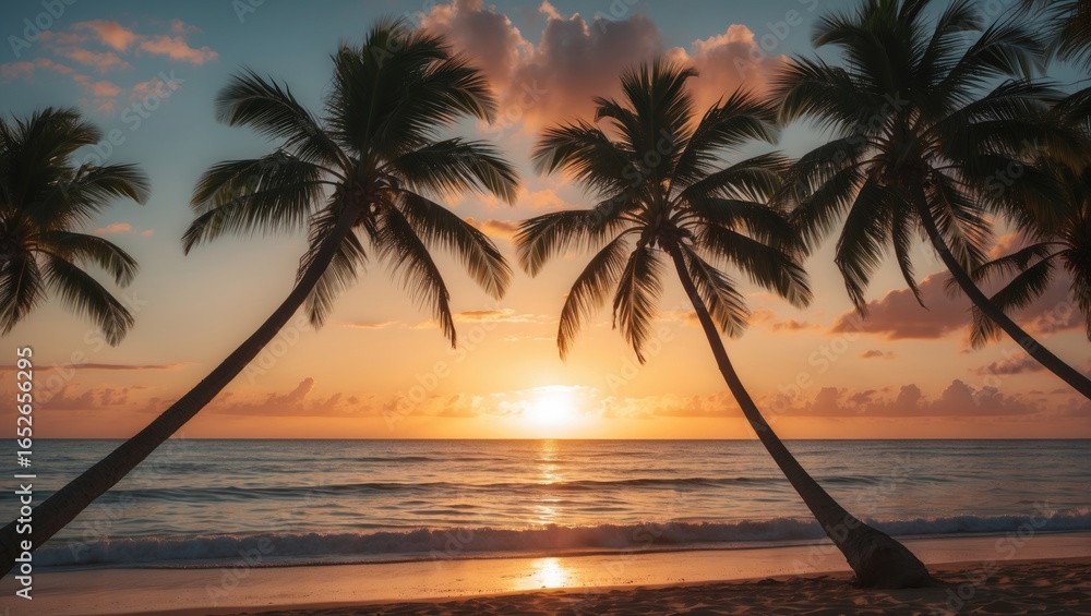 Poster sunset over a tropical beach with palm tree shadows creating a panoramic view