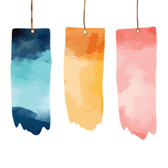 Three watercolor textured tags hanging by brown strings blue orange and pink