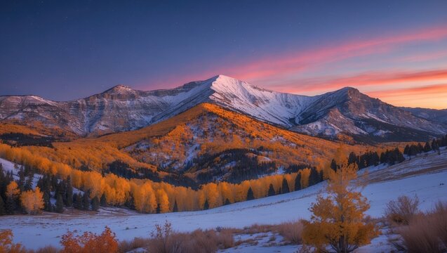 Expansive vista of seasonal foliage atop a mountain as evening falls