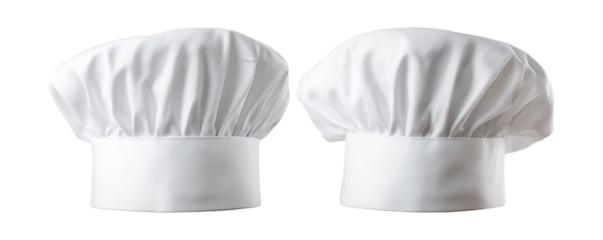 Two white chef hats isolated on transparent background, representing culinary expertise and professional cooking attire
