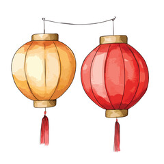 Obraz premium Two hanging lanterns one yellow and one red with watercolor textures