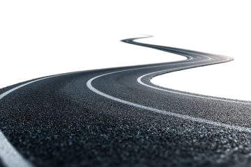 Curvy asphalt road with white lines isolated on transparent background, a symbol of travel and adventure