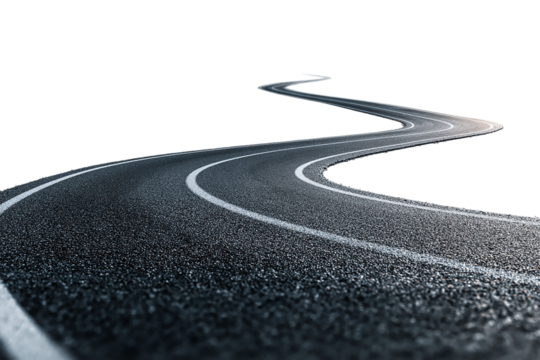 Curvy asphalt road with white lines isolated on transparent background, a symbol of travel and adventure